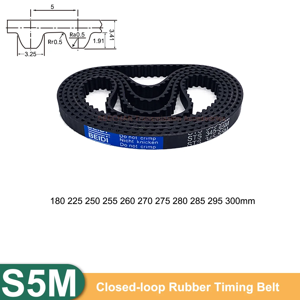 

1Pcs S5M Closed-loop Rubber Timing Belt 180 225 250 255 260 270 275 280 285 295 300mm Width 10/15/20/25/30mm Teeth Pitch 5mm