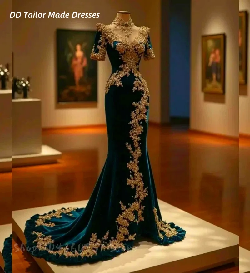 エレガントなベルベットマーメイドイブニングドレスゴールドレースアップリケ付きVネック半袖ロングシックなウエディングドレスフォーマルドレスカスタマイズ