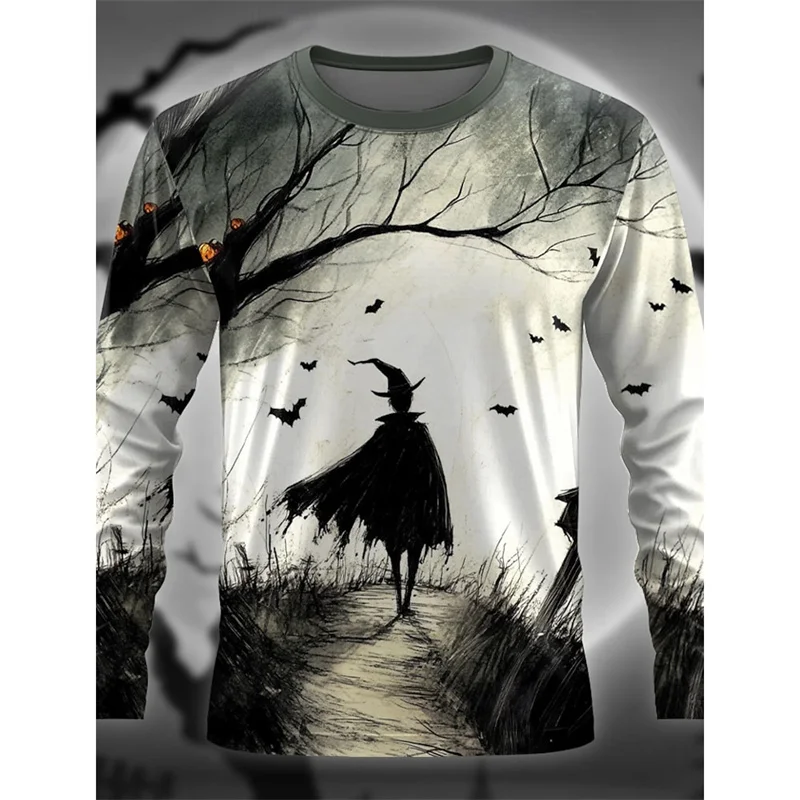 Reaper Cat Pattern T-Shirt For Men Vintage Skeleton Bat 3D Printed T Shirts Autumn Casual Long Sleeves Loose O-Neck Tops Tees