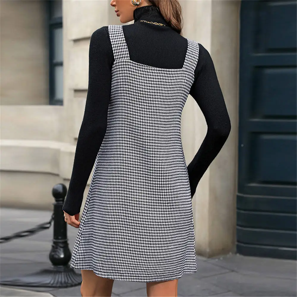 여성 Houndstooth 드레스 패션 소녀 V 넥 미니 드레스 ‌ 우아한 옷 여름 스트리트웨어