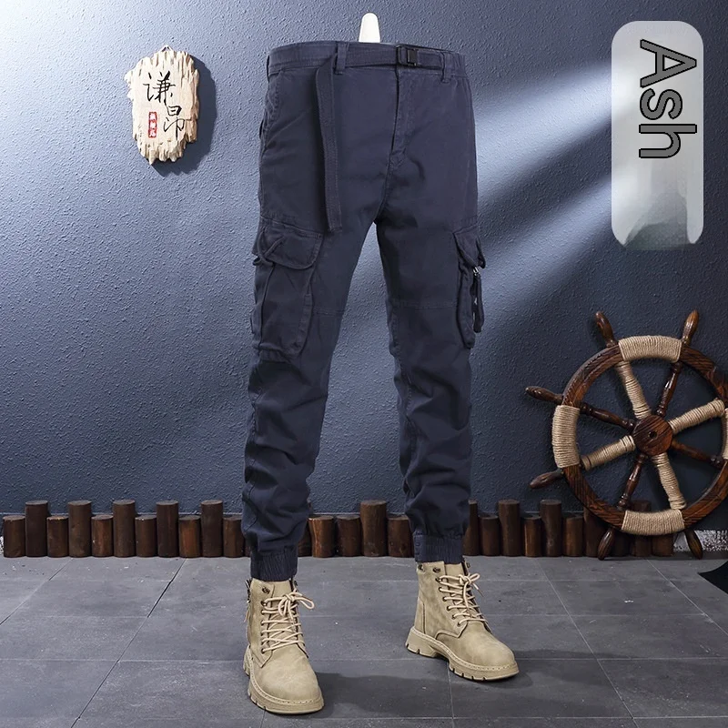 

Spring New Elastic Waist Army Green Loose Straight Ankle-Tied Overalls Men's Korean-Style Outdoor Trendy Stretch Casual Pants