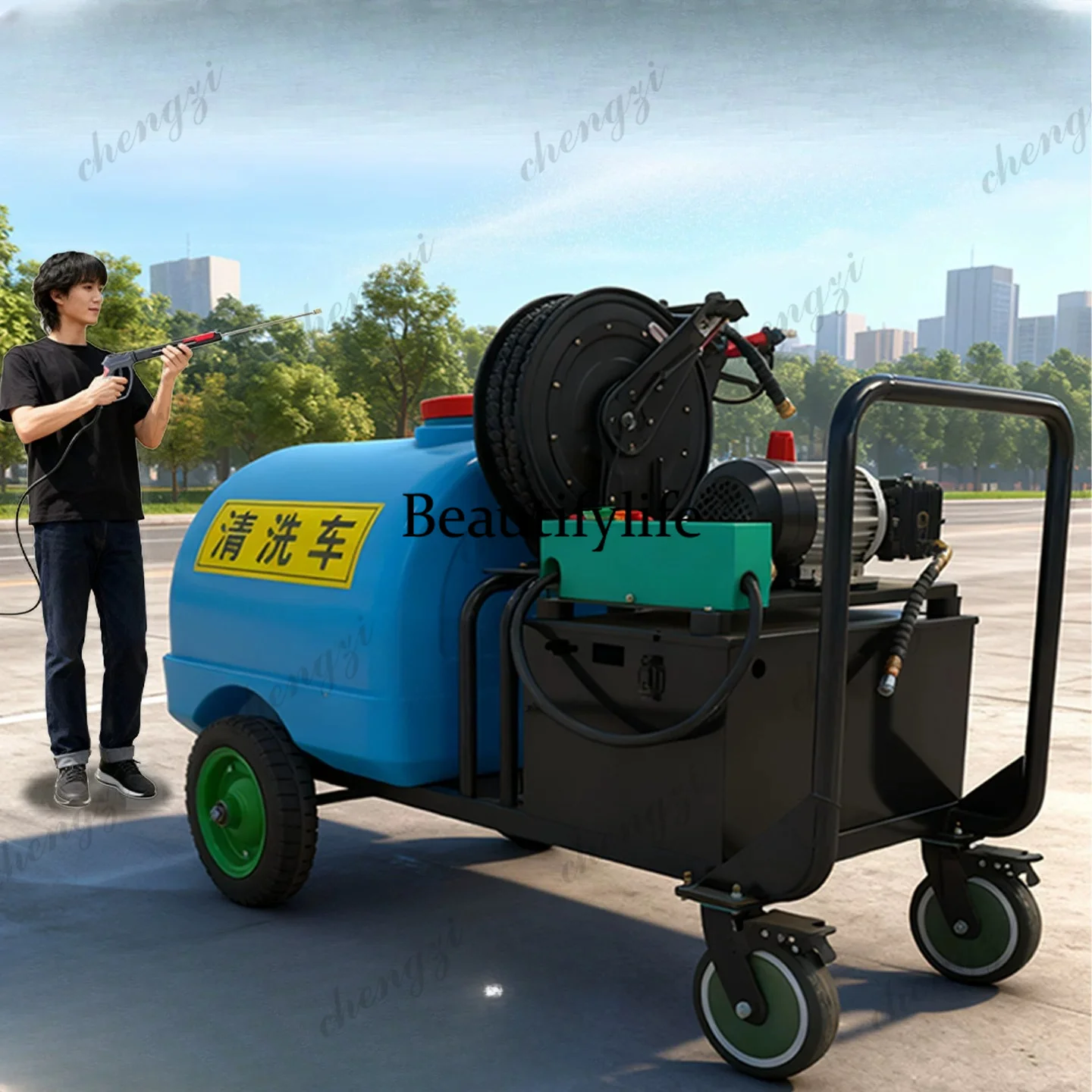 

Electric three-wheeled high-pressure cleaning vehicle Road high-pressure washing vehicle Garden multi-functional sprinkler
