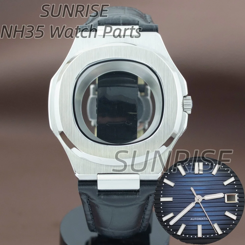 

41mm Watch Case For Nautilus 316L Steel Case Leather Strap Fit NH35 NH36 NH38 Movement 30.5mm Dial Watch Mod Repair Case Parts