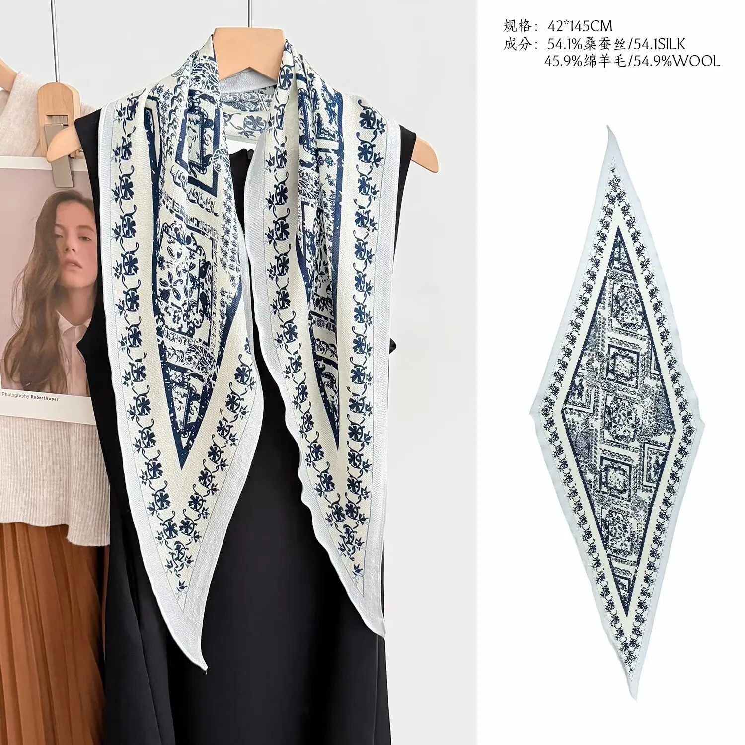 

54.1% Silk 45.9% Wool designer scarf for women spring elegant blue floral print rhombus scarf bandana scarf ladies accessories