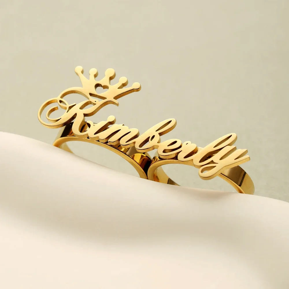 Haiyufly Custom Two Fingers Name Ring for Women Personalized Stainless Steel Jewelry Adjustable Men Nameplate Ring Birthday Gift