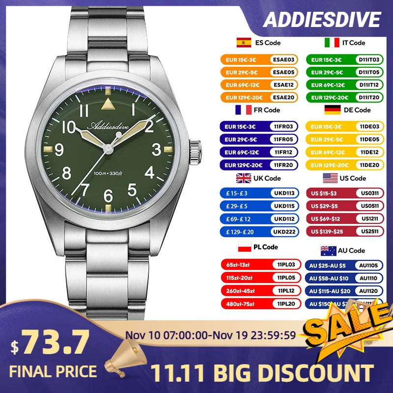ADDIESDIVE montre en titane hommes 2025 nouveau 36mm montre-bracelet à Quartz en verre bombé 100m étanche lumineux VH31 robe montre lumineuse AD2502