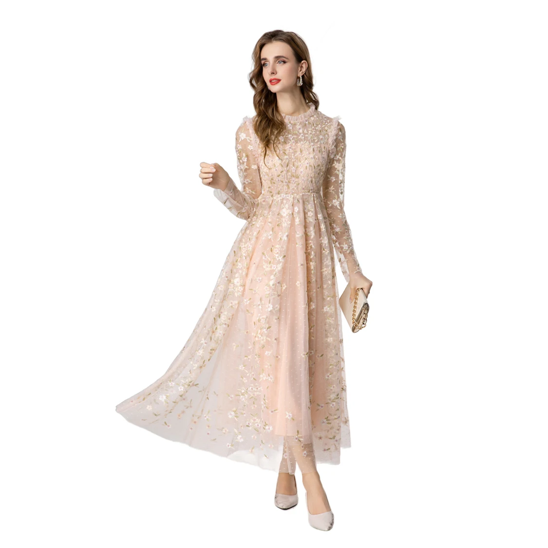 Vestido largo elegante de tul bordado negro para mujer con mangas largas transparentes, cintura ajustada y voluminoso