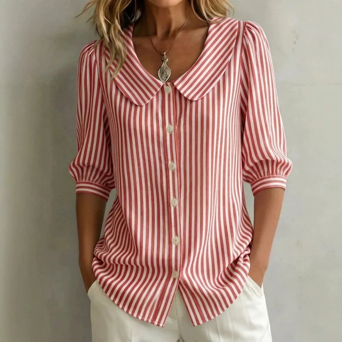 Women's Blouse Short Sleeve Striped Blouses Loose Fit Shirt Puffed Sleeve V Neck Button Casual Top Red And White Linen Look