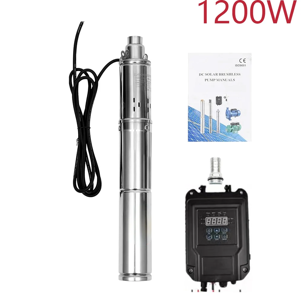 Bomba de agua Solar de 1200W, CC de 72V, cabezal máximo, bomba sumergible de acero inoxidable de 180M con controlador inteligente MPPT externo,