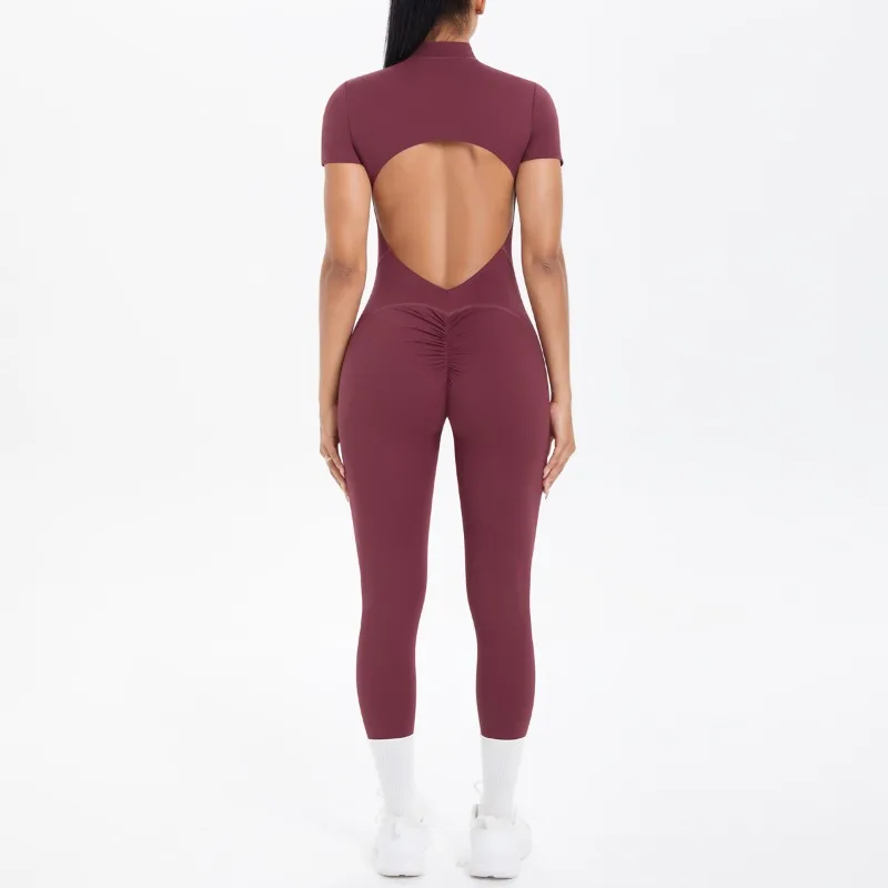 

New Yoga Jumpsuit Front Zipper Tight Hollow Out Back Short Sleeve Pants Workout Running Yoga Activewear for Women