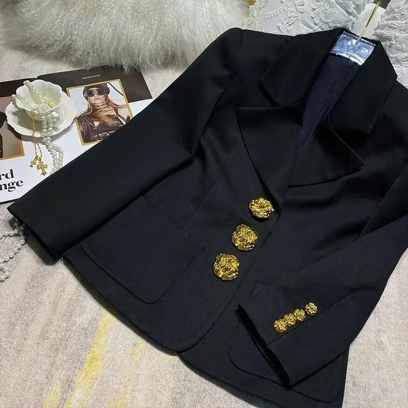 2024 New Fashion Fall Winter Office Womens Full Sleeve Big Gold Metal Button Pockets Casual Black Blazer Outerwear Coat