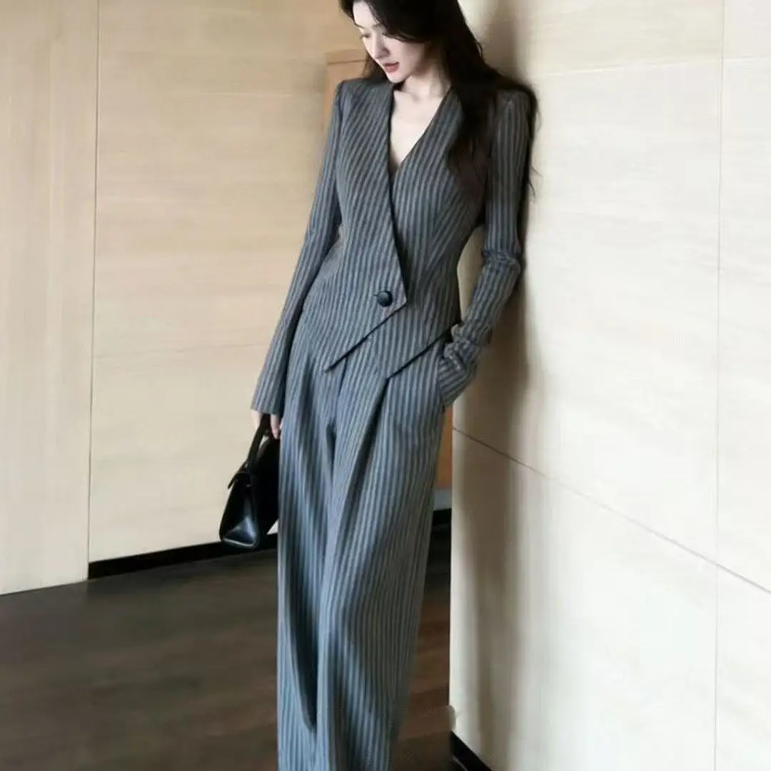 Office Lady Temperament Sets 2026 New Spring Autumn High End Gray Striped V-neck Blazer + Wide-leg Pants 2PCS Women Outfits