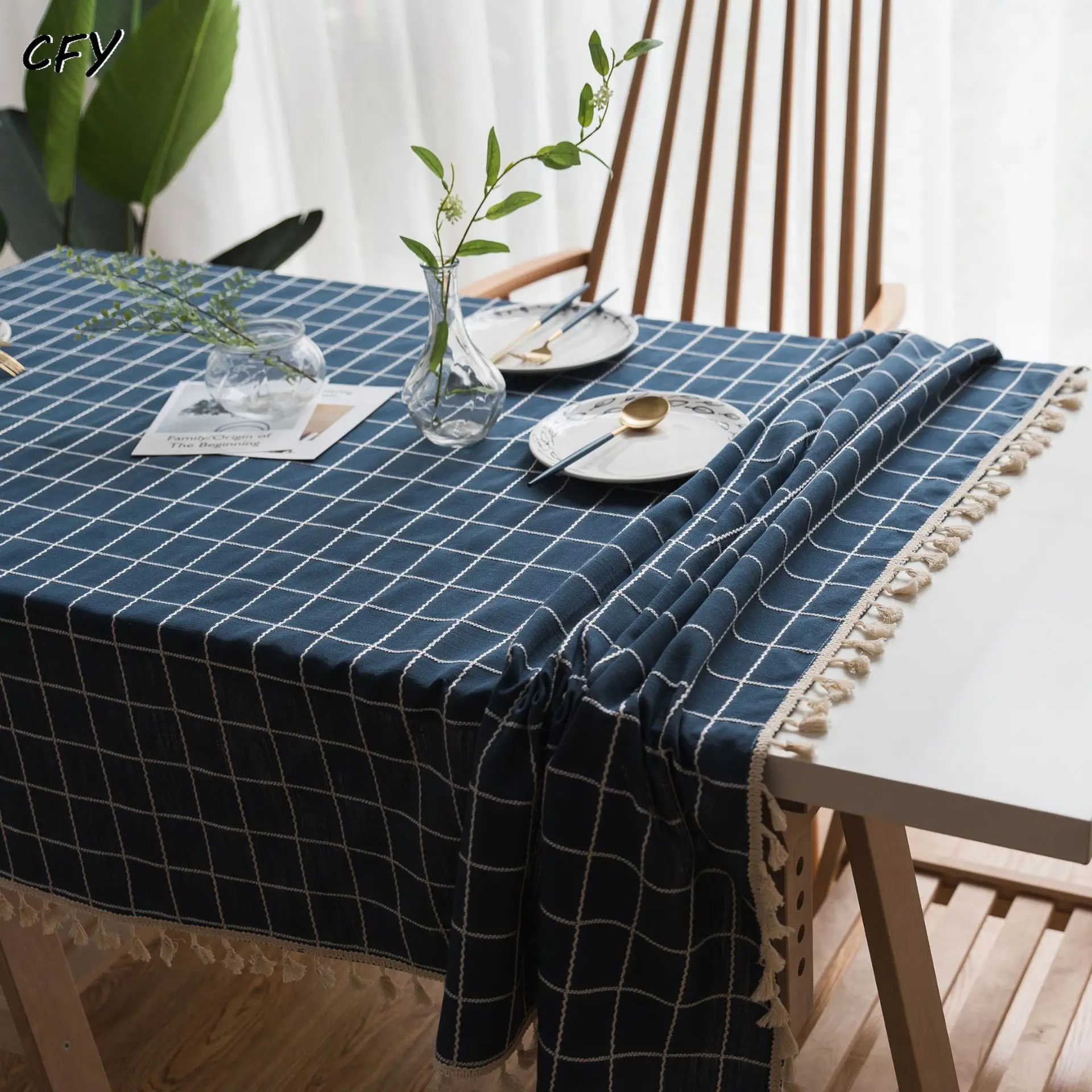 

Cotton and Linen Modern Plaid Embroidery Rectangular Tablecloth Tea Table Pad Meal Cloth Photo Background Cloth