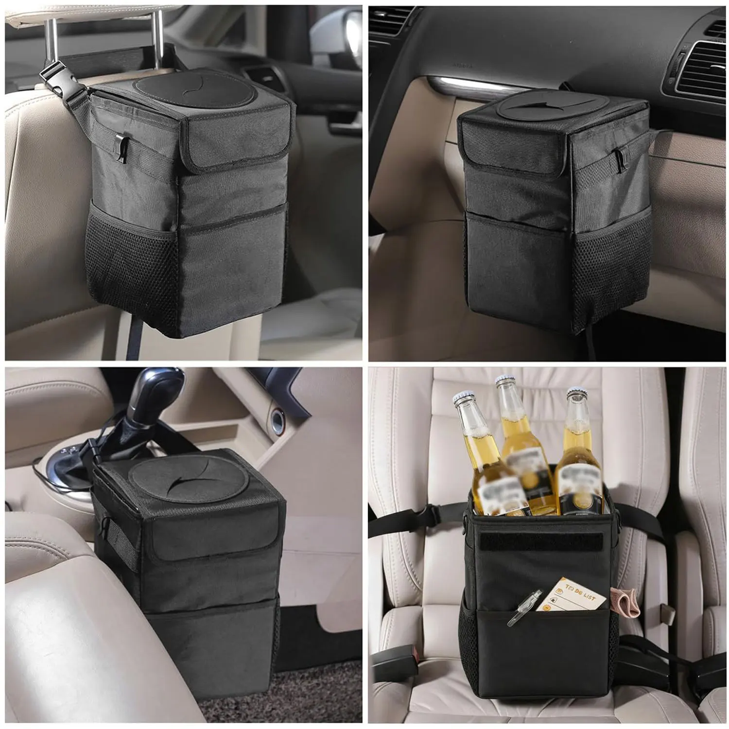 Car trash can with mesh storage pockets and disposable bag clips