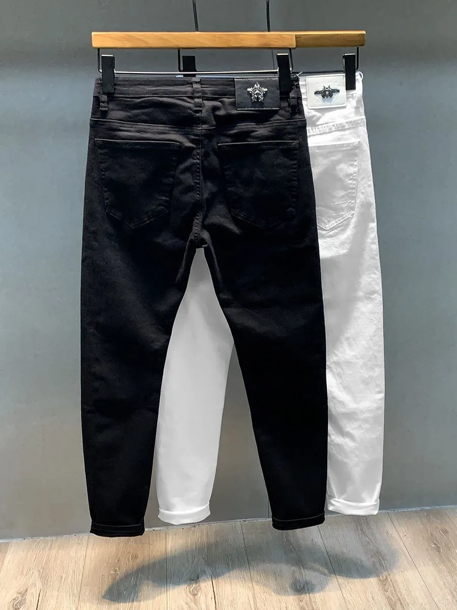 

Летние тонкие черные джинсы для мужчин, модные брендовые белые брюки, весенне-летние простые стильные джинсы из хлопка с эластаном, длина 7/8