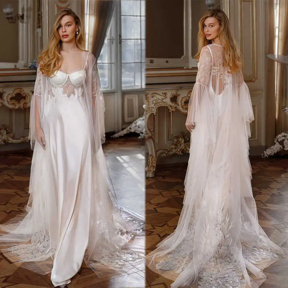 

Graceful Women Robe Nightgown Appliques Lace Long Sleeve Bridal Wedding Bathrobe for Photography Custom Made