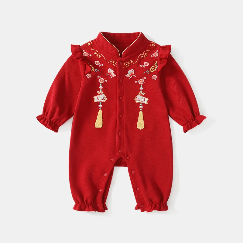 

Детские красные хлопковые комбинезоны с кружевом, весенний костюм для мальчиков и девочек, комбинезоны с вышивкой кролика, милый наряд для малышей