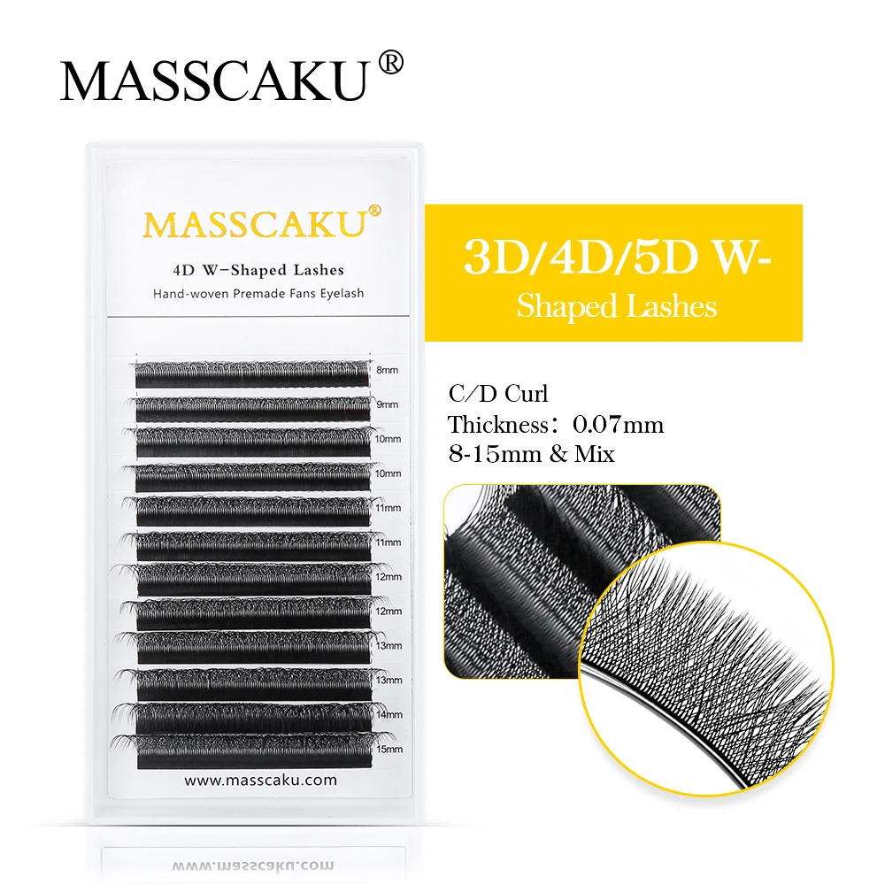 MASSCAKU-W Shape Coreano PBT Fibra Cílios, Professional Faux cílios individuais, fãs soltos, Lash Extensões, Maquiagem