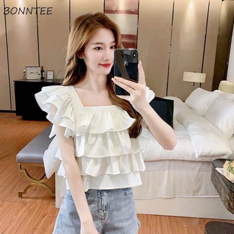 Sleeveless Casual Shirts Women Ruffles Age-reducing Summer Designed Trendy Backless Lace-up Streetwear Square Collar Ulzzang