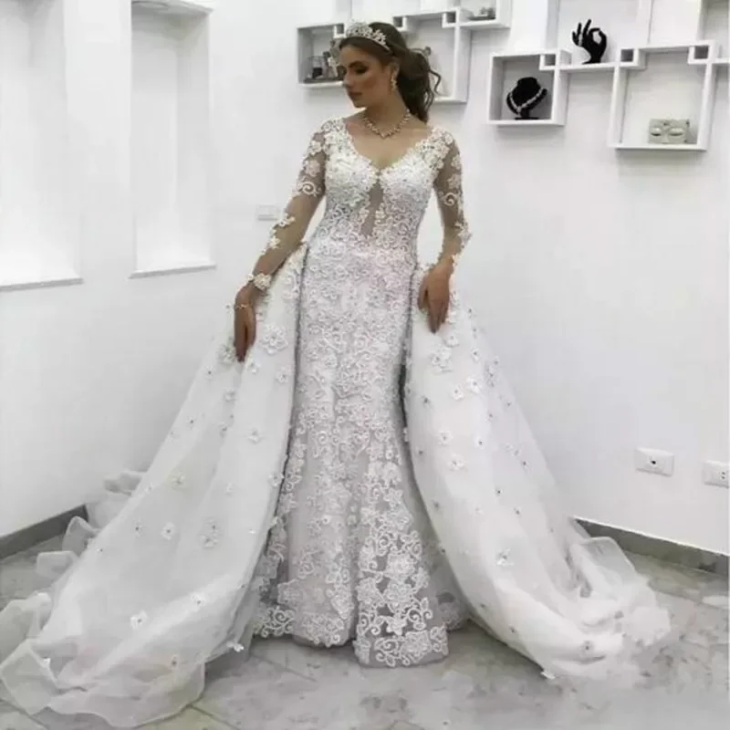 

Customized Modest Scoop Neck Appliques Bridal Gowns With Detachable Train Long Sleeves Vestido De Casamento Wedding Dress 2023