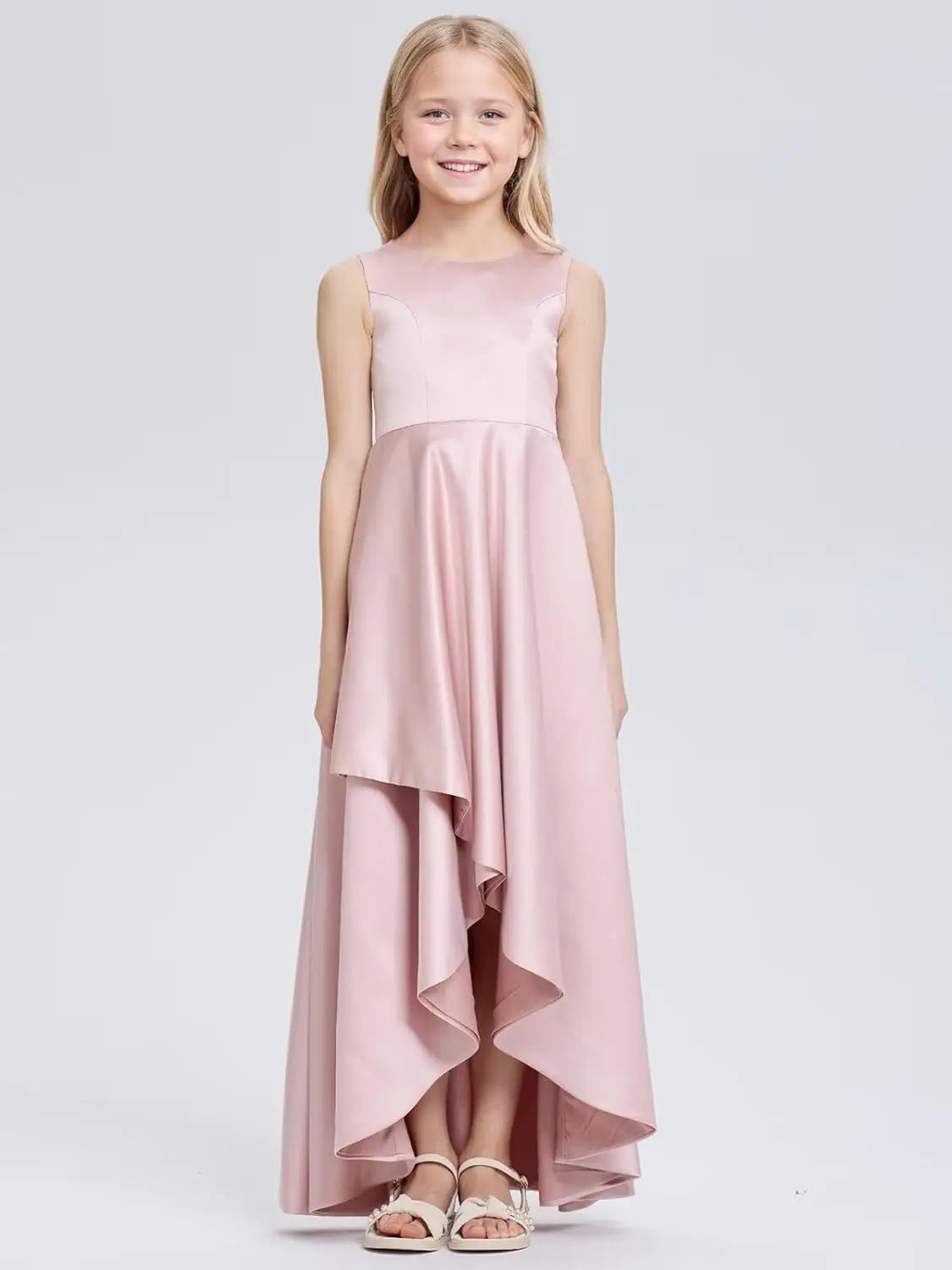 Uma linha de cetim vestido da menina de flor alta baixa pageant vestidos para meninas cetim festa comunhão bailes vestidos de baile com cinto