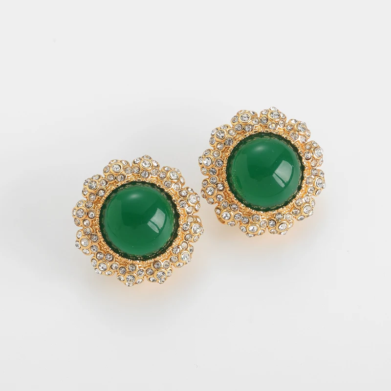 

Gold Color Green Earrings Vintage Round Stud Emerald Beads Rhinestones Accessories For Women Valentine Day Gift 2025 New In