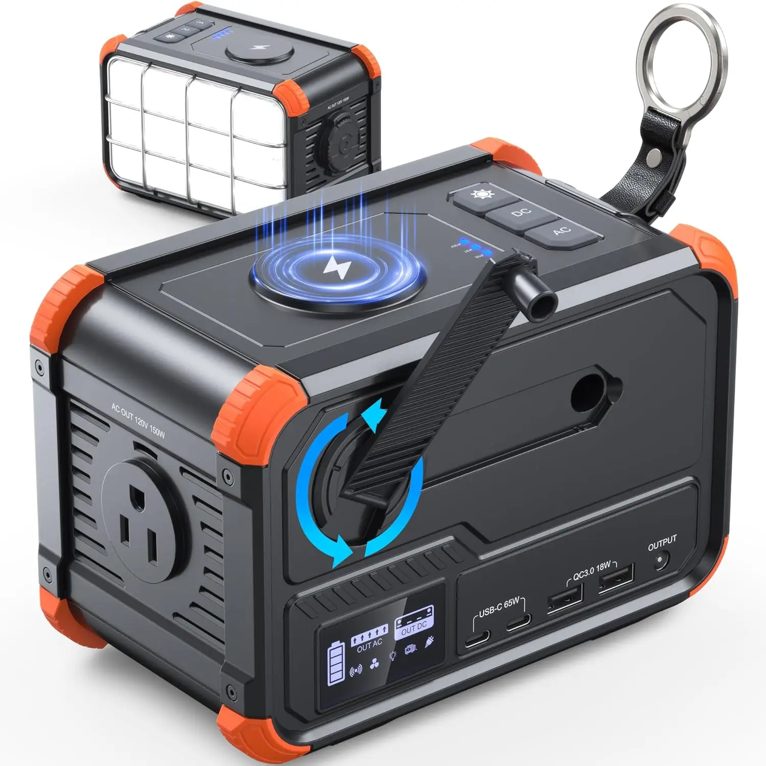 

Portable Power Station 153Wh with Solar & Hand Crank, 150W AC Outlet, Wireless Charging for Outdoor Travel Home Backup