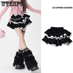 Black Ballet Cake Skirt Corduroy Ruffle Edge Fold Stitching Design Women's Fluffy Skirt Sweet Korean Fashion American Y2k Fall