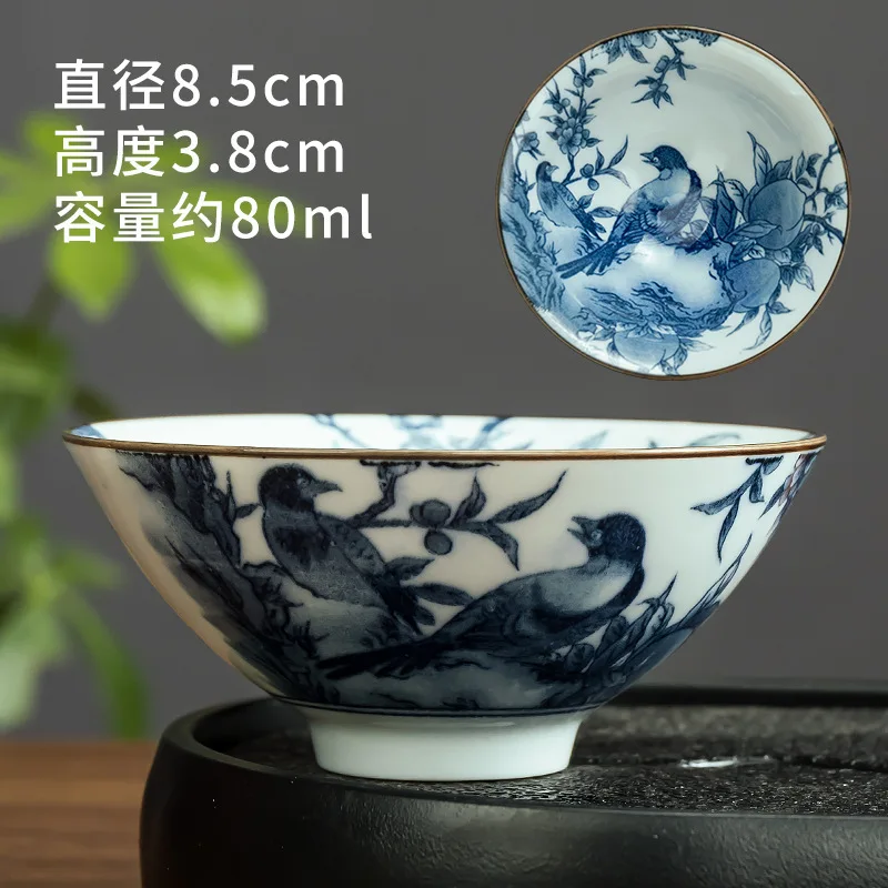 80 مللي الأزرق والأبيض الخزف مخروط فنجان الشاي مكافحة التحجيم رسمت باليد طبق شاي سيراميك السفر التأمل كوب طقم شاي صيني