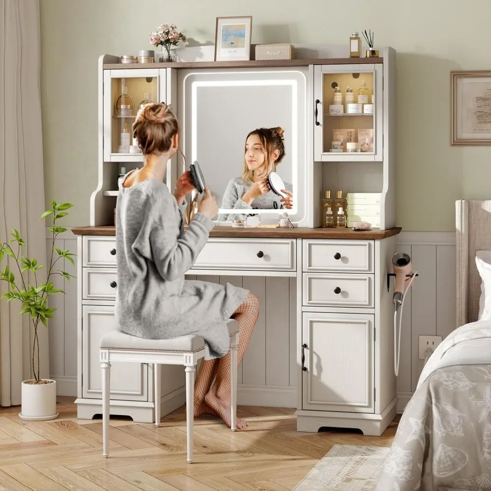 Vanity Desk with Mirror and Lights, Large Makeup Table Set with RGB Cabinets, 5 Drawers and 6 Storage Shelves Dressing Table