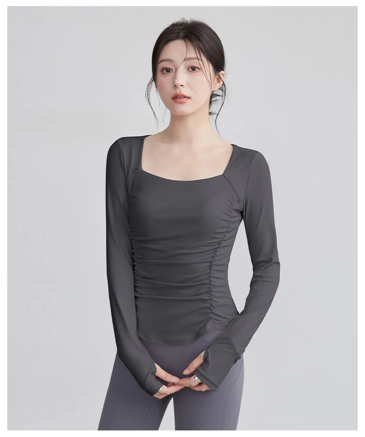 Neues Langarm-Fitness-Oberteil mit Rücken-Schlank-Effekt, Plissierter Taille, Elastischem Brustpolster, Yoga-Pilates-Fitness-Top, Schlankheitskleidung – Detail 6