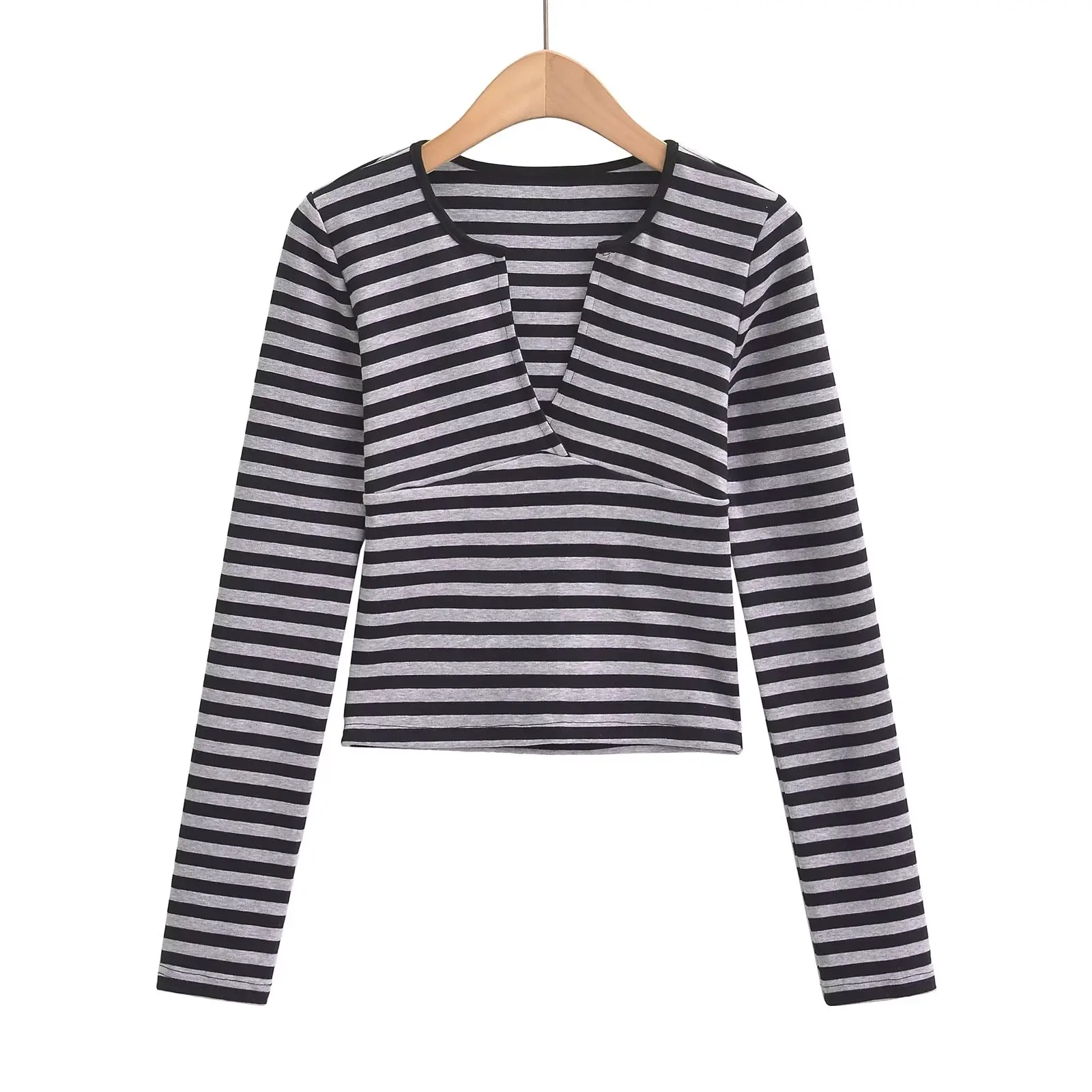 Seksowna amerykańska koszulka w paski, damska, wiosenno-jesienna, dopasowana, z długim rękawem, głęboki dekolt w serek, bazowa koszulka, czysta pokusa.