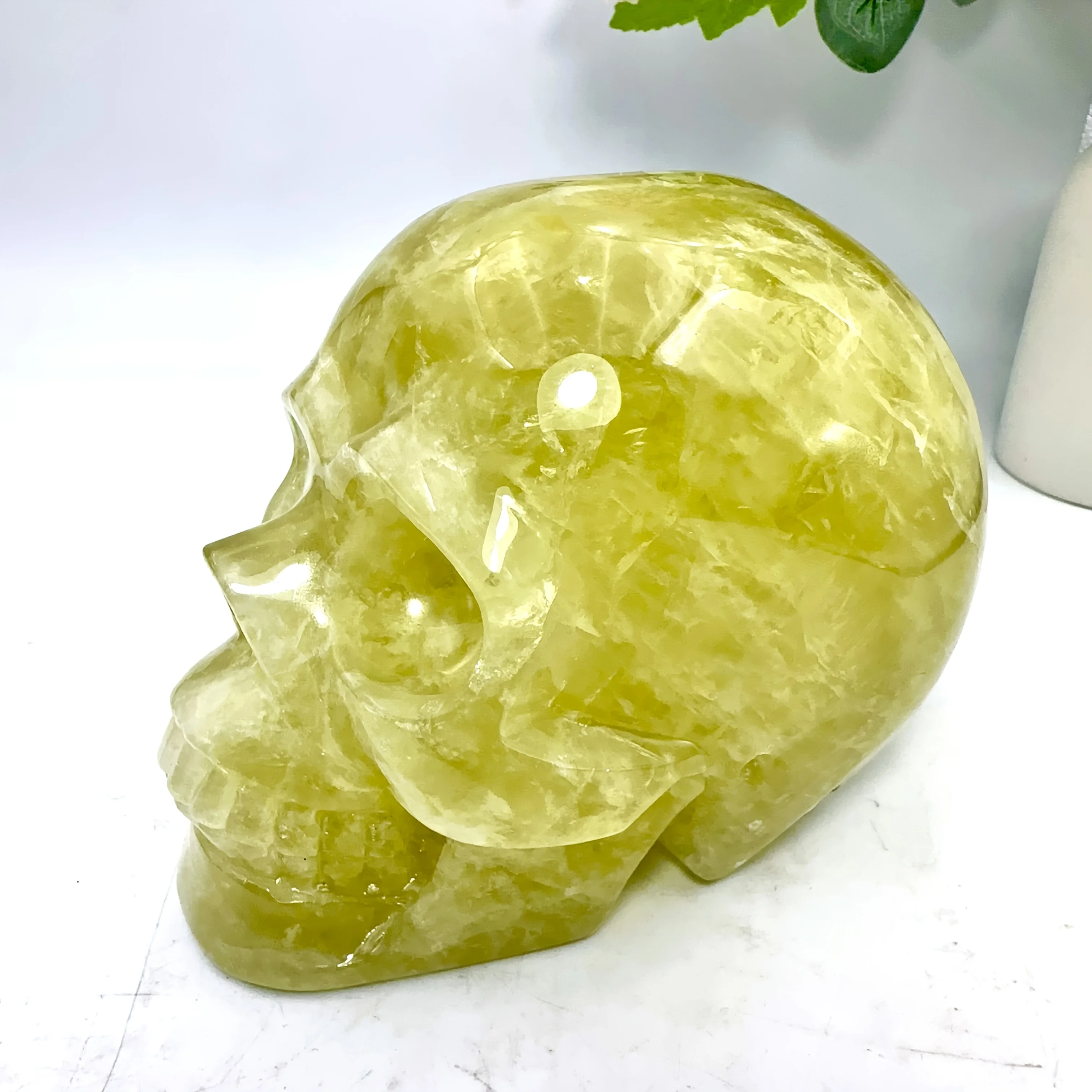 Hand Carved Amber Crystal Skull Polished Stone Skull Animal Statue Unique Home Office Desk Decor Collector Gift