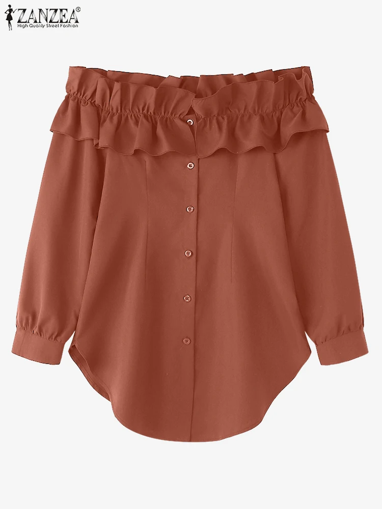 

ZANZEA Women Blouse Sexy Off Shoulder Fashion Tops Ruffled Shirts 2025 Summer Long Sleeve Solid Buttons Elegant Office Blusas