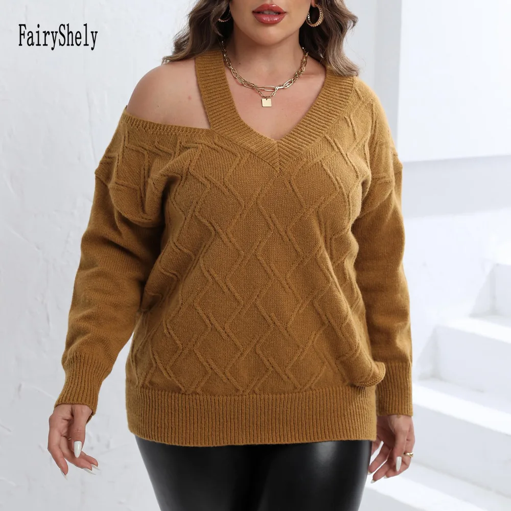 2024 Sexy Off The Shoulder Plus Size Sweater Women V-Neck Large Pullover Ladies Loose Oversize Jumper Big Jerseys Curvy Knitwear