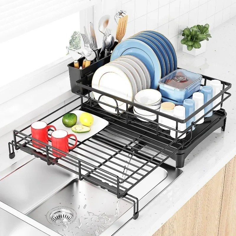 

Large Dish Drying Rack,Extendable Dish Rack With Cutlery Holder, Anti-Rust Black Dish Racks For Kitchen Counter