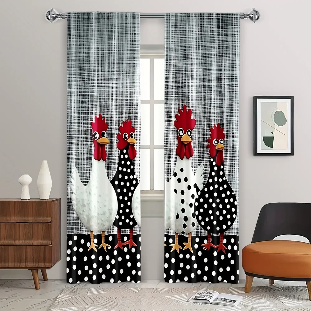 2PCS Digital Print Curtains, Polka Dot Rooster, Farmhouse Country