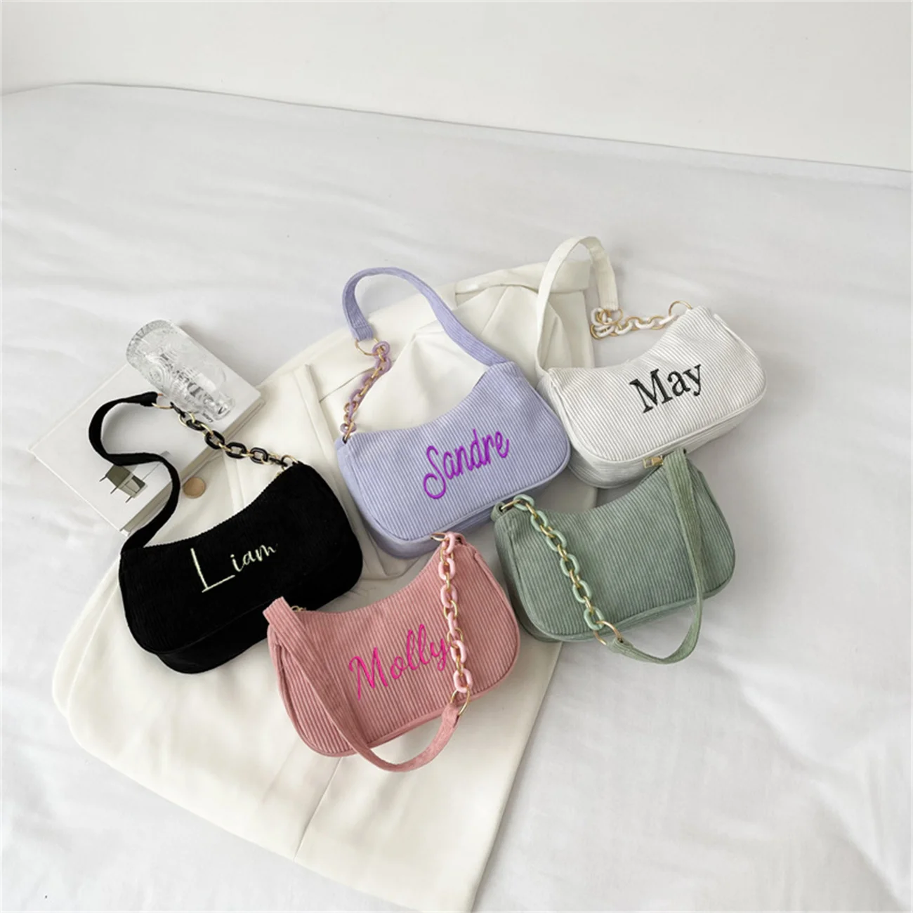 Custom Vintage Handbags Women Autumn Winter Cordur Corduroy Underarm Bag Zipper Shoulder Small Bags Female Soft Casual Clutch H