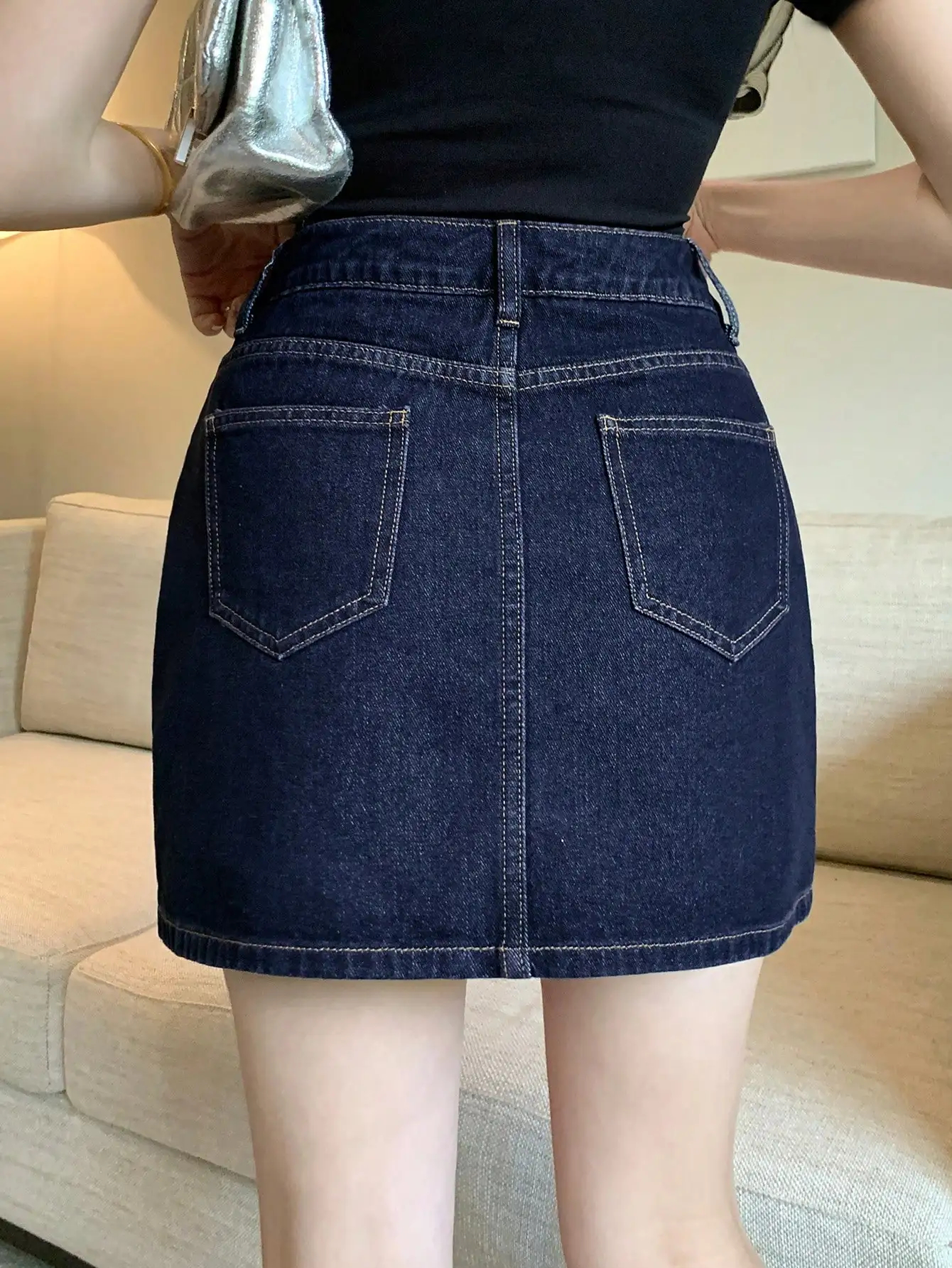 

Women Denim Mini Skirt Casual A-Line High Waist With Pockets
