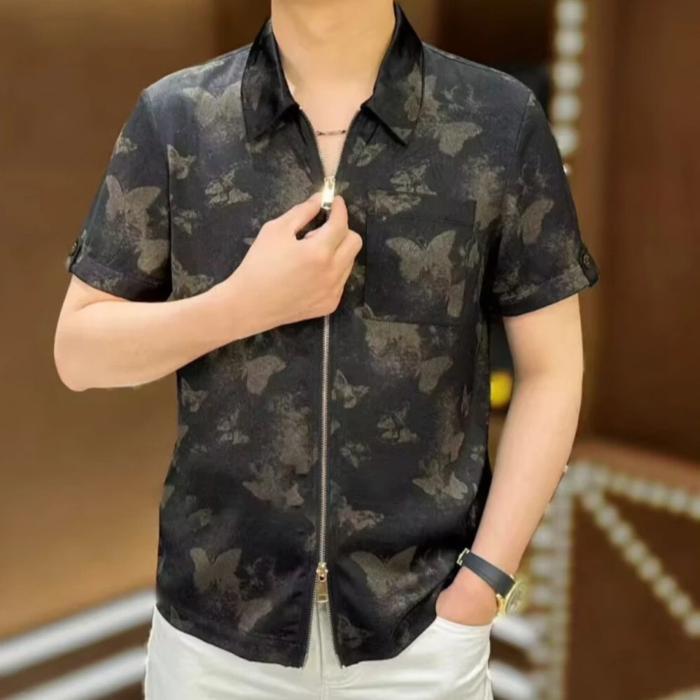 Summer Butterfly Jacquard Cardigan Shirt for Men Short Sleeve Lapel Casual Business Shirts Zipper Loose Social Street T-shirt