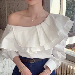 2023 New Hot Woman Chic Korea Japan Girls Sexy Shirts Blouses Retro White Black Layer Ruffles Off Shoulder Tops
