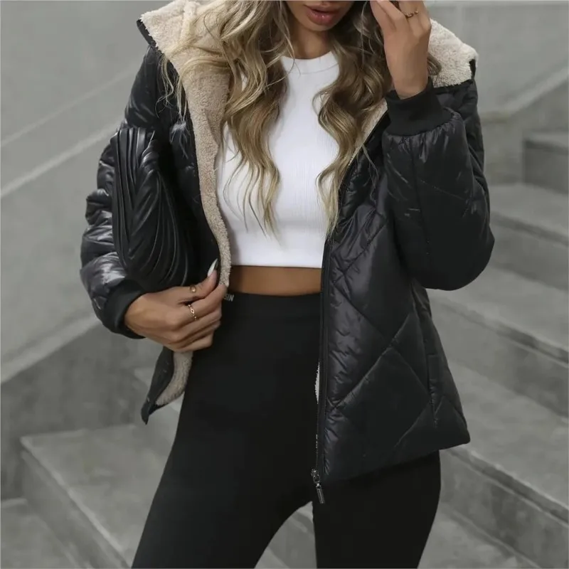 2026 New Women's Autumn/Winter Plush Cotton Clothes Fashion Solid Color Hooded Warm Thick Comfortable Versatile Cotton Clothes