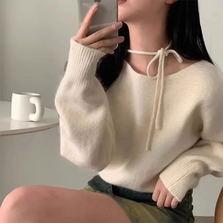 2024 Autumn Winter New O-neck Lace Up Tops Women Y2k Long Sleeve Loose Knitted Pullover Casual All-match Sweaters Mujer