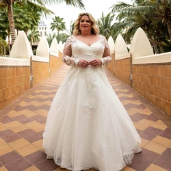 Elegant Wedding Dresses Plus Size 2023 V-Neck Full Sleeves Lace Up Long Bride Gowns Tulle A-Line Sweep Train Vestido De Noiva