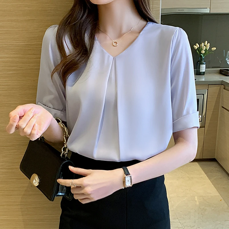 Summer Short Sleeve Women Blouse Casual V-Neck White Chiffon Blouse Shirt Women Tops Blusas Mujer De Moda 2024 Verano Blusa F456