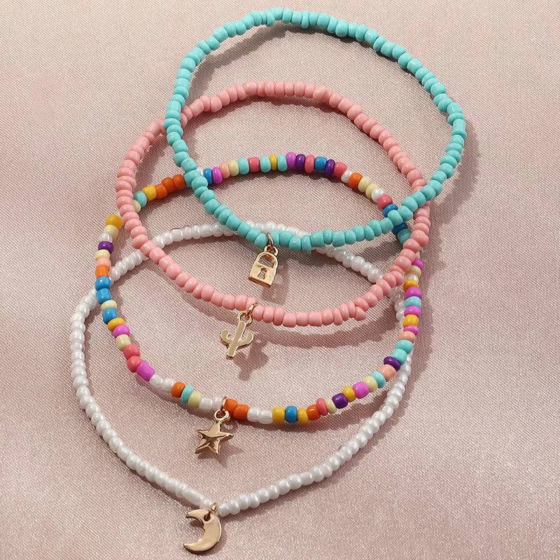 4 Pcs/set Bohemian Anklet Foot Jewelry Colored Glass Rice Beads Handmade Beaded Stars Moon Lock Elastic Bracelet For Women Legs