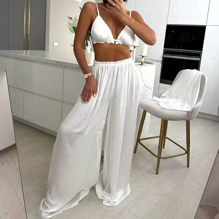 

2026 Fashion Women Sexy Loose White 3 Piece Sets Outfit Long Sleeve Robes + Bra With High Waist Wide Pants Set Homewear