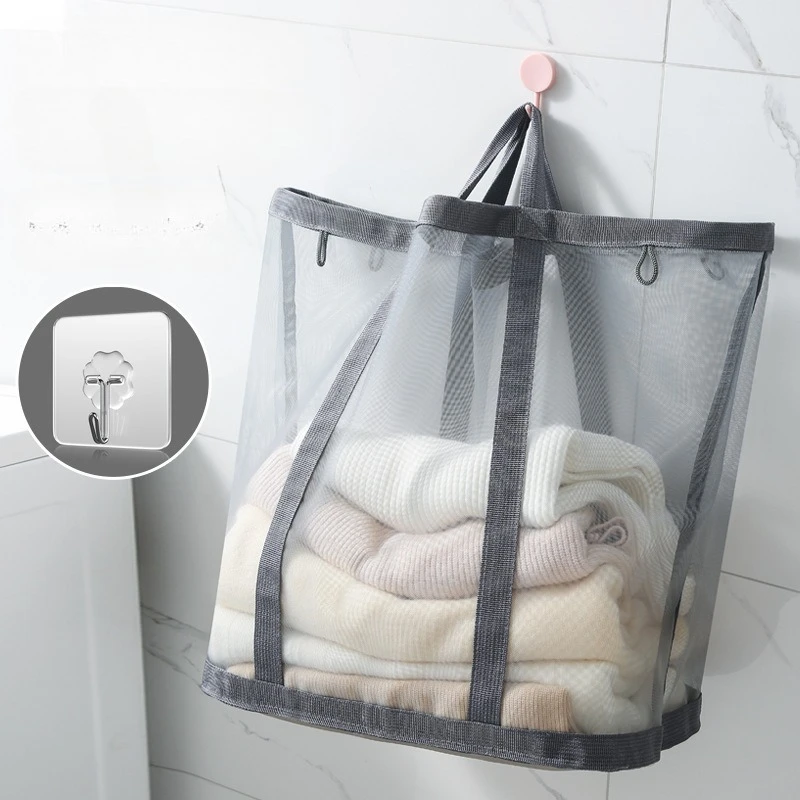 سلة غسيل شبكية من النايلون، قابلة للتنفس وقابلة للطي على الحائط، مناسبة لأنواع الغرف المختلفة، منظم تخزين الملابس القذرة #3