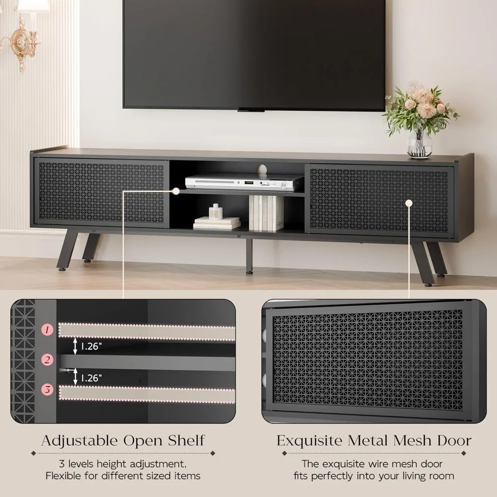 Modern Rattan TV Stand for 65-70 Inch TVs: Sliding Door Entertainment Center with Storage and Adjustable Features
