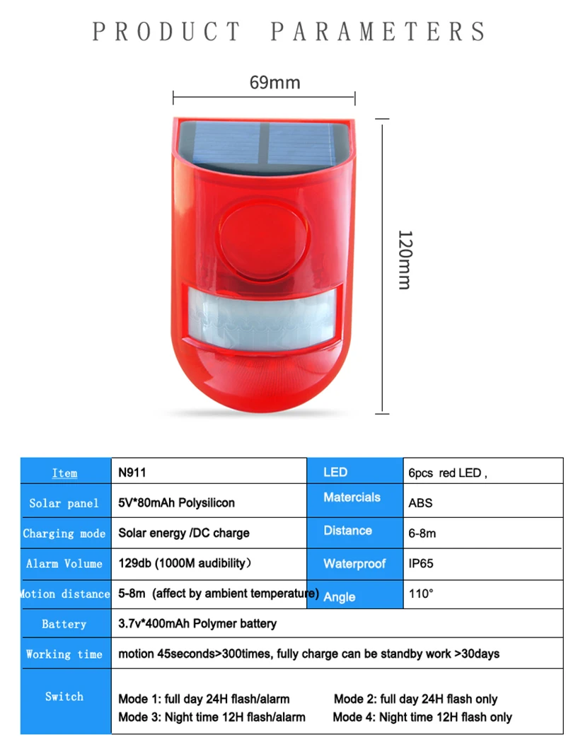 Portable Solar Infrared Motion Sensor Alarm, 110dB Siren, Strobe Sound and Light for Home, Yard, Outdoor Security Alarm System